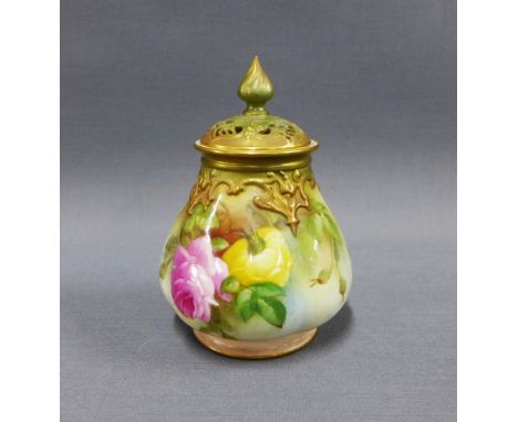 Royal Worcester blush ivory vase and pierced cover, painted with flowers, shape 291