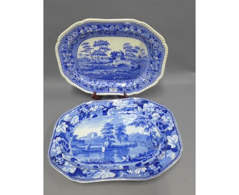 19th century Staffordshire blue and white transfer meat dish and another smaller by Spode, largest 53cm (2) 