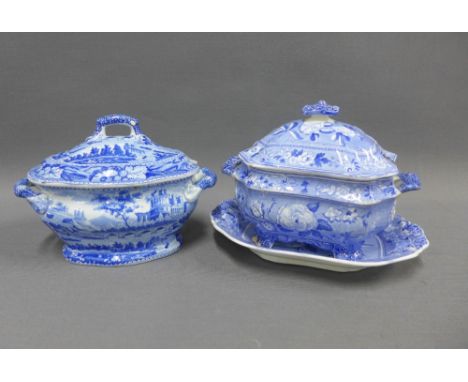19th century Staffordshire blue and white transfer printed pottery to include a Spode Camilla sauce tureen and stand and anot