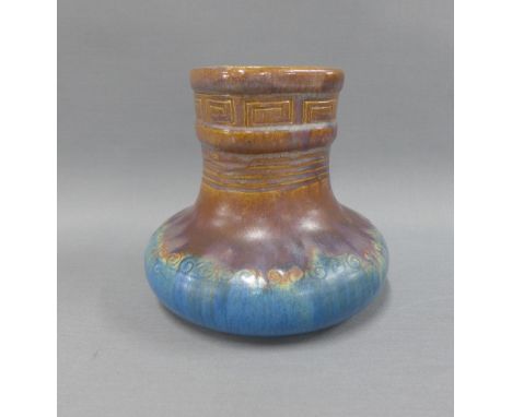 Danesby Ware Bourne art pottery vase, incised greek key style pattern, printed factory marks, 15cm 