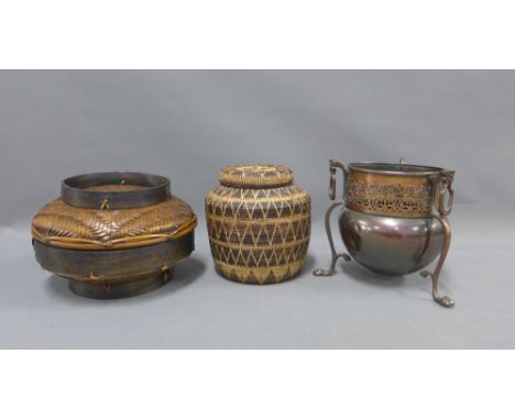 Two Vietnamese baskets and a copper planter, 19cm (3) 