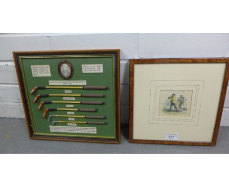 Coloured golfing print and a framed set of miniature golf clubs - replicas of clubs used by William Park Snr of Musselburgh, 