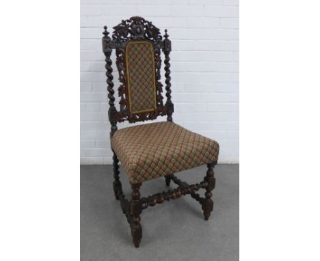 Oak chair with carved top rail, upholstered back and seat and with barley twist uprights and bobbin turned legs, 47 x 109cm 