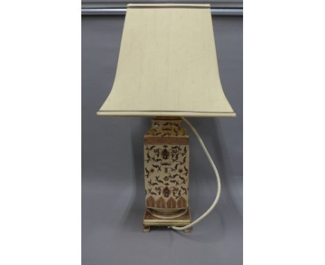 Chinoiserie pottery table lamp base on stylised wooden base, complete with shade, height overall 72cm 