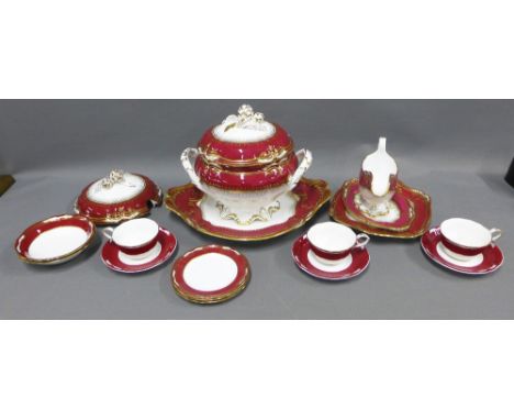 A collection of Spode Lancaster Crimson table wares to include a soup tureen, cover and stand, sauce boat and stand, serving 