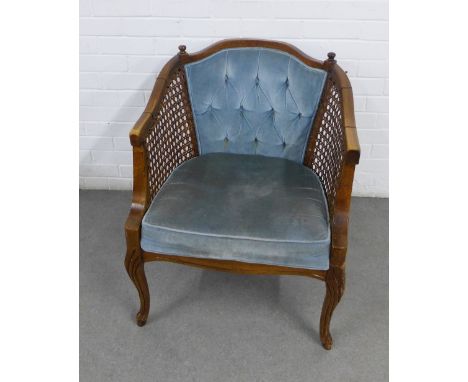 French style tub chair with bergere sides and button upholstered back and seat, on cabriole legs, (a/f) 84 x 78 x 50cm 