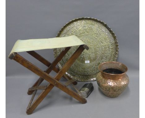 Mixed lot to include a brass tray, copper planter, Epns and leather bound hip flask and an early 20th century folding stool w