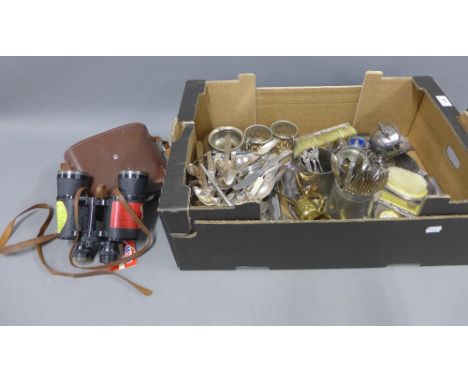 Mixed lot to include Epns and brass wares; opium pipe, napkin rings, serving dishes and a salver,etc vintage binoculars (a lo