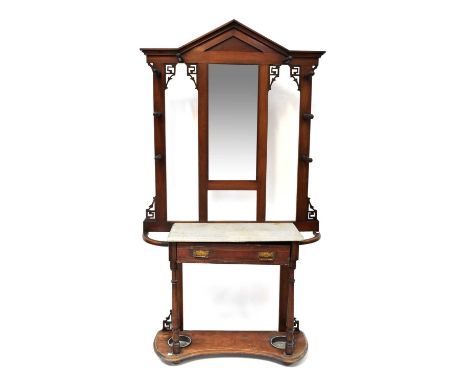 An Edwardian mahogany hall stand with mirrored back, marble top over a single drawer and lower shelf with lead umbrella drip 