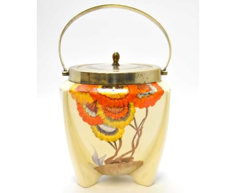 CLARICE CLIFF; a 'Rhodanthe' pattern biscuit barrel, shape no.478 from the 'Bizarre' range, height to top of handle 24cm, wit