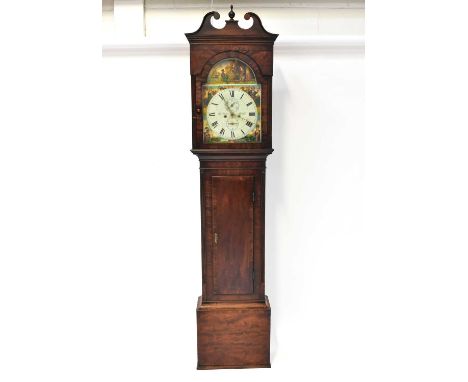 JOS JOHNSON OF LIVERPOOL; a George III mahogany eight-day longcase clock, the painted arched dial with images of the British 