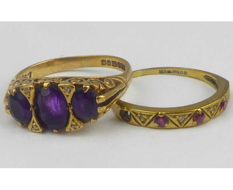 Two 9ct gold dress rings, one with three graduated claw set cut amethyst stones, separated by four tiny diamond chips, in a s
