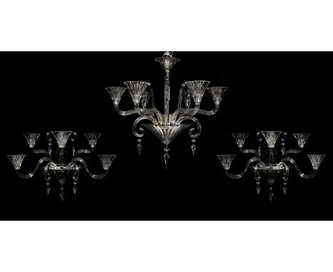 BACCARAT; a cut crystal 'Mille Nuits' six-branch chandelier by Mathias, the branches with flared sconces and scrolls, the chr