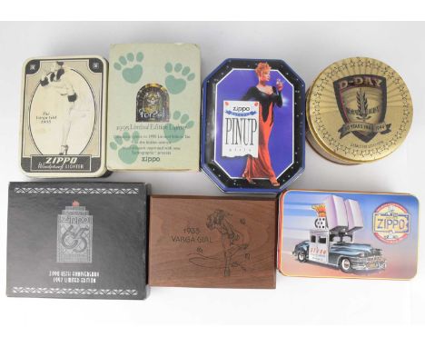 ZIPPO; seven collectors' edition lighters, presentation tins, wooden box, outer cardboard box, to include Zippo Pin-up, 'D-Da