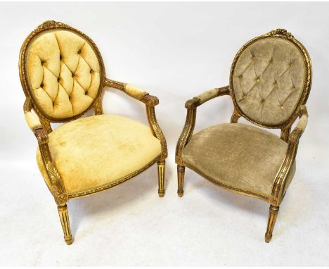 Two pairs of contemporary gilded button pressed open arm fauteuils, raised on reeded tapering supports (4).