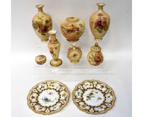 ROYAL WORCESTER; a pair of cabinet plates with painted armorial and floral decoration, by Edward Raby, a pair of blush ivory 