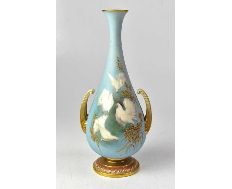 ROYAL WORCESTER; a blue ground and gilt-heightened vase hand painted with doves to the front and swallow verso, signed G H C 