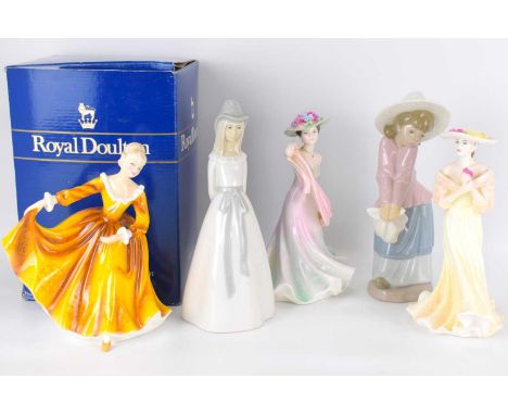 Five porcelain figures of ladies, to include Royal Doulton HN2381 'Kirsty', height 19cm, boxed, two Coalport 'Ladies of Fashi