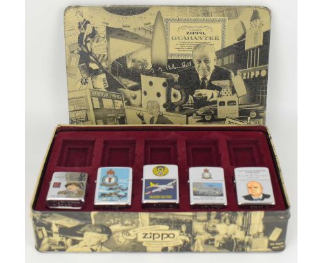 ZIPPO; a cased part set of RAF commemorative lighters, five out of the ten are present, comprising 'Let Us Go Forward Togethe