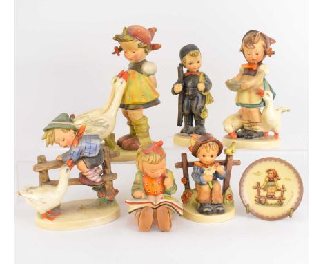 HUMMEL/GOEBEL; six collectible figures, comprising 'Barnyard', girl with geese, girl feeding ducks, boy with ladders, girl re