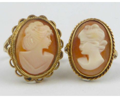Two late 19th/early 20th century 9ct gold cameo rings with split shoulders, sizes P and K, combined approx. 10.7g (2).