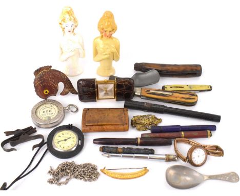 Various mixed collectibles to include a Figaro seventeen jewel pull-out pocket clock with crown wind movement, a burr walnut 