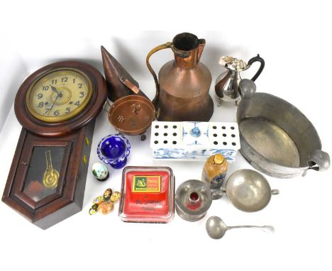 Various mixed collectibles to include a mahogany cased wall clock, a pewter twin-handled wine cooler, length 35cm, a copper M