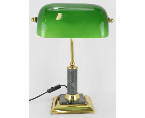 A modern reproduction desk lamp with green shade and brass and green marbled body, height 38cm.