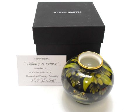 STEVE SMITH CERAMICS; a boxed free-hand painted miniature ceramic vase, 'Threez A Crowd' (sic), limited edition 1/1, signed, 