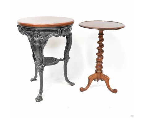 A Georgian-style circular tea table on barleytwist supports, with cabriole legs, height 71cm, together with a reproduction pu