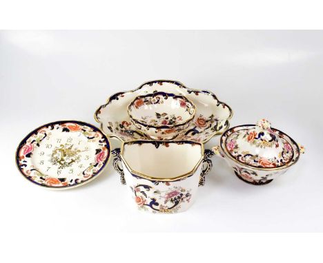 Five Masons Ironstone 'Mandalay' pattern items, comprising a covered tureen, two bowls, a twin-handled dish and a plate clock