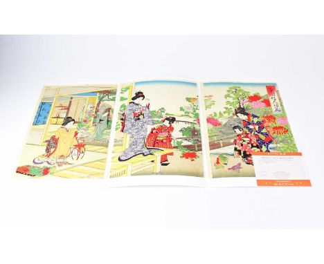 A contemporary three-panelled woodblock print 'Kikuzono Kajin Ikebana' by Nobukazu, depicting geishas in an interior scene wi
