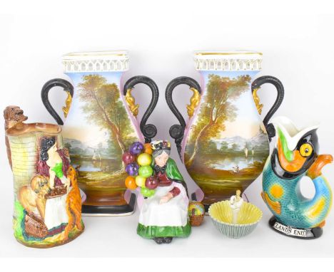 Various collectible pottery items, to include a pair of late 19th century Continental vases, both painted with landscape scen