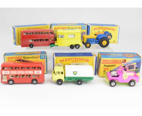 MATCHBOX; six diecast vehicles, comprising Superfast Series New No.2 Jeep Hot Rod, in pink, No.43 Pony Trailer, in yellow, wi