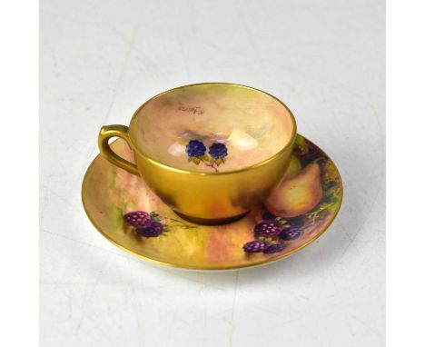 ROYAL WORCESTER; a gilt-heightened hand painted coffee cup and saucer, the cup decorated with apples and blackberries, signed