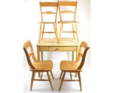 A small rustic pine kitchen table with single drawer, 77 x 91 x 67cm, together with four modern beech farmhouse kitchen chair