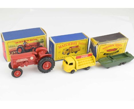 MATCHBOX; three diecast vehicles comprising K-4 International Tractor, in red, a Lesney No.37 Coca-Cola Lorry, and a Lesney N