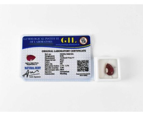 A loose 8.92ct pear-shaped ruby with GIL Laboratory Certificate.