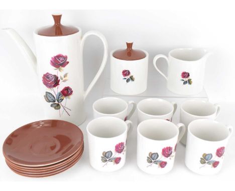 MYOTT'S; a 1960s fifteen-piece coffee set decorated with garden roses in brown and white, comprising coffee pot, height 25cm,