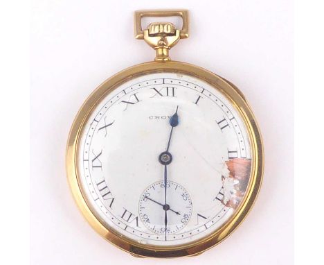 CROWN; a 14ct gold open face crown wind pocket watch, the white enamelled dial set with Roman numerals, and smaller seconds s