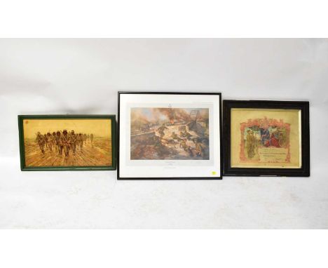 Two military prints, one depicting soldiers walking back from battlefield, 29 x 52cm, framed, and 'The Bridge at Arnhem' by A