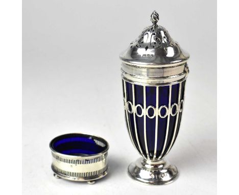 An Edward VII hallmarked silver sifter with blue liner, Haseler Bros, London 1902, and a hallmarked silver salt, combined app