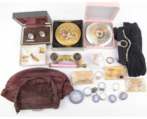 Mixed vintage costume jewellery to include cufflinks, compacts, rings, brooches, two vintage clutch bags and a pair of pink e