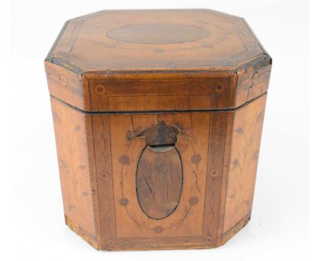 An early 19th century inlaid mahogany and walnut veneered tea caddy, 12.5 x 13 x 12cm.Condition Report: - The hinges are stil