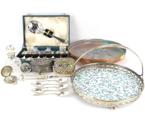 Various mixed collectibles, to include a modern copper dish with enamelled fish decoration to the interior, diameter 27.5cm, 