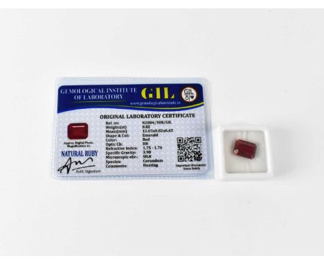 A loose 8.82ct emerald-shaped ruby with GIL Laboratory Certificate.