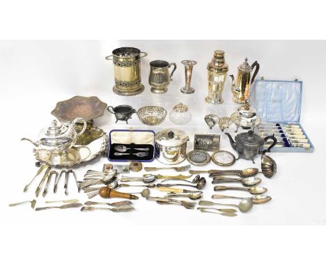 A collection of silver plated items to include three footed tray, cocktail shaker, lidded butter dish raised on three feet, t