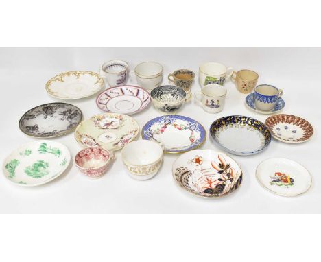 A collection of ten 19th and early 20th century porcelain and pottery teacups, various shapes and designs, together with ten 