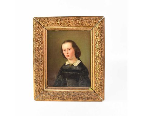 19TH CENTURY CONTINENTAL SCHOOL; oil on canvas, half-length portrait of a young lady in black dress with lace collar, inscrib