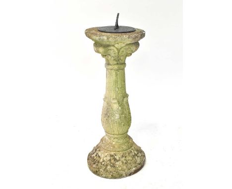 A reconstituted stone garden sundial, the column with acanthus leaf type decoration, the top with a cast brass sundial, heigh